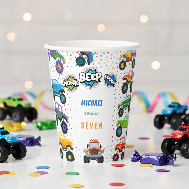 Gobelets En Papier Honer beep vroom monstre camions garçon anniversai (Créateur téléchargé)