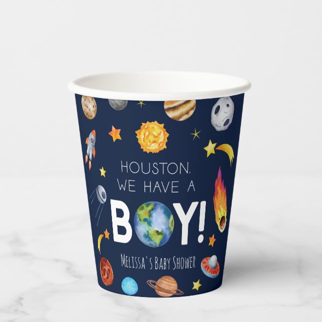 Gobelets En Papier Houston Nous Avons Un Baby shower Boy Space Galaxy (Recto)