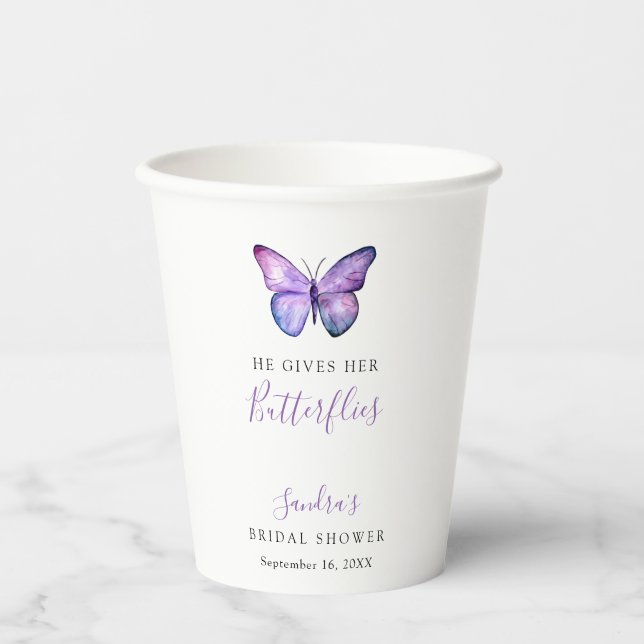 Gobelets En Papier Il lui donne des papillons Shower de mariage Papil (Recto)