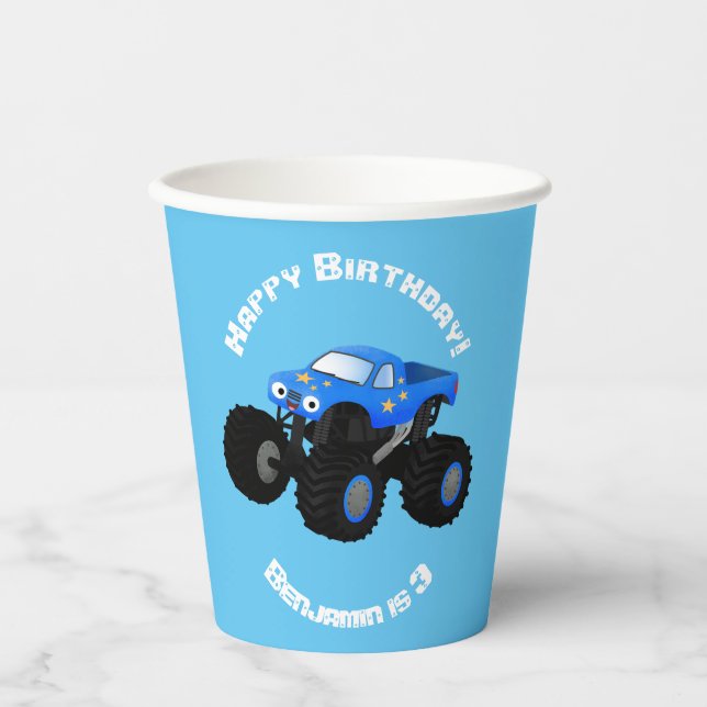 Gobelets En Papier Illustration d'un camion monstre bleu mou (Recto)