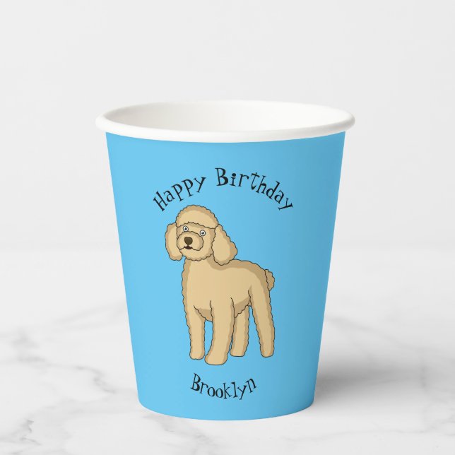 Gobelets En Papier Illustration d'un caniche brun joyeux (Recto)