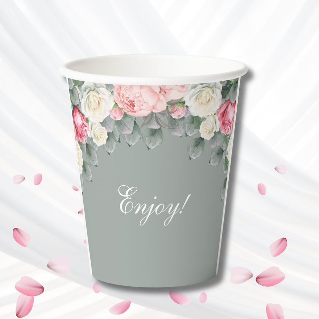 Gobelets En Papier Jardin Vintage de Sage Green Baby shower Roses (Créateur téléchargé)