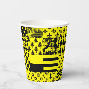 Gobelets En Papier Jaune Noir Mixte Conception Motif Patchwork