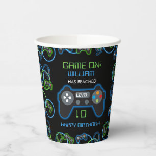 Gobelets En Papier Jeu vidéo Neon Blue & Green Anniversaire Party