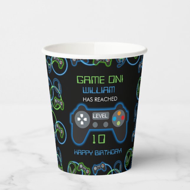 Gobelets En Papier Jeu vidéo Neon Blue & Green Anniversaire Party (Gauche)