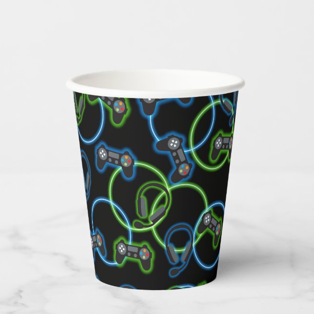 Gobelets En Papier Jeu vidéo Neon Blue & Green Motif (Recto)