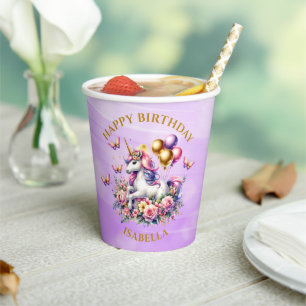 Gobelets En Papier Joli Anniversaire Licorne Rose, Violet et Or