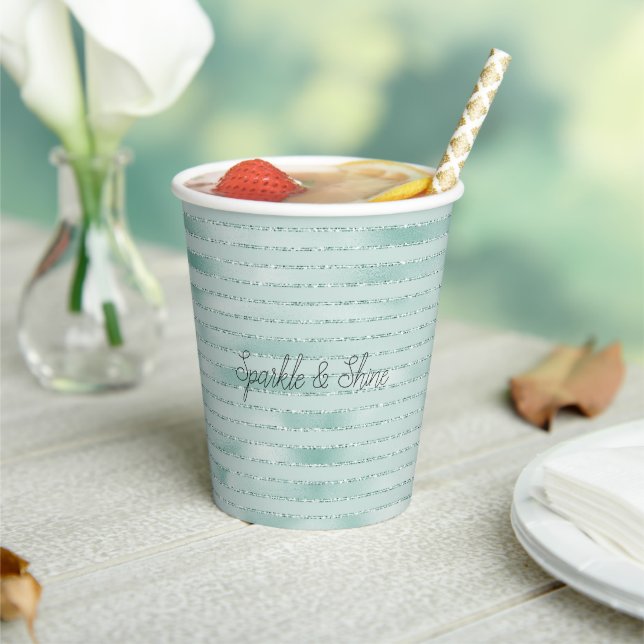 Gobelets En Papier Joli Aqua Mint Glitzy Parties scintillant rayures (Insitu)