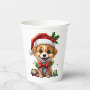 Gobelets En Papier Joli chiot de Noël avec le chapeau de Père Noël et