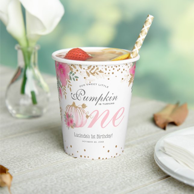 Gobelets En Papier Joli Citrouille rose Floral 1er anniversaire (Insitu)