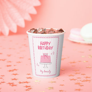 Gobelets En Papier Joli gâteau d'anniversaire rose "Joyeux Anniversai