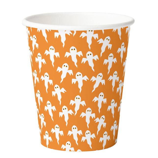 Gobelets En Papier Joli Halloween Ghost Orange (Fun Halloween ghosts orange pattern party paper cups)