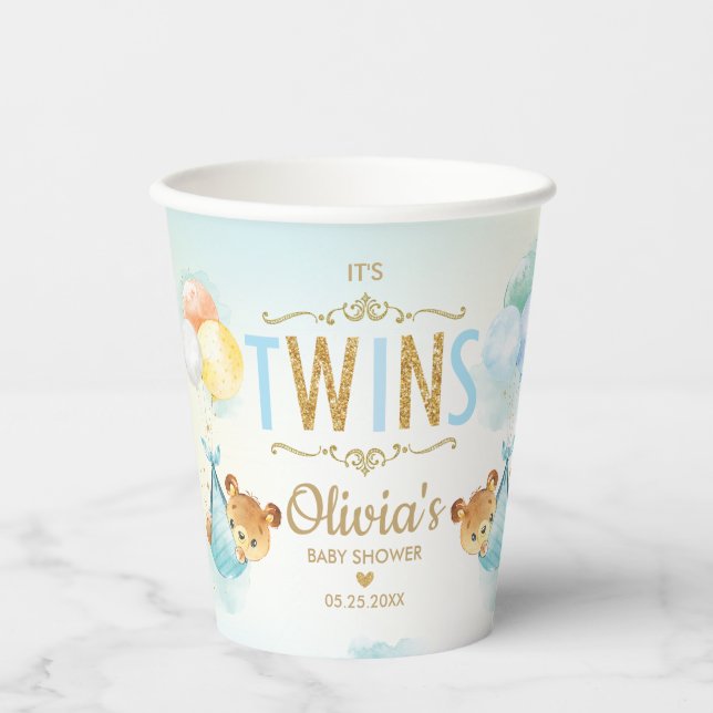 Gobelets En Papier Joli Nounours Twins Baby Boys Baby shower Twin (Recto)