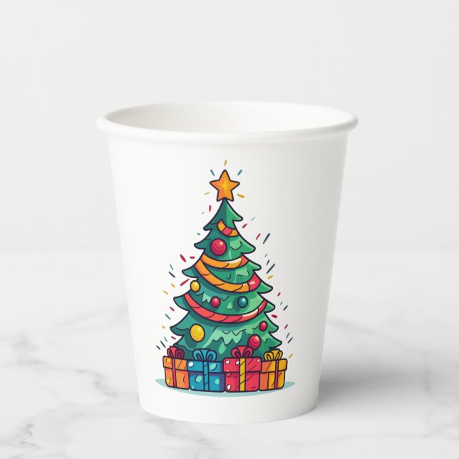 Gobelets En Papier Joli sapin de Noël avec cadeaux (Recto)