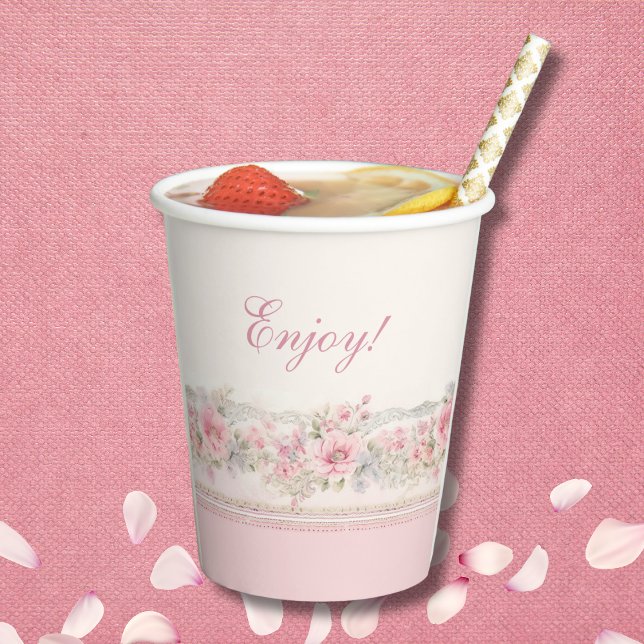 Gobelets En Papier Joli Shabby Chic Girl Baby shower Floral rose (Créateur téléchargé)