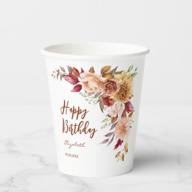 Gobelets En Papier Joli Terracotta Automne Floral Botanique Anniversa (Recto)