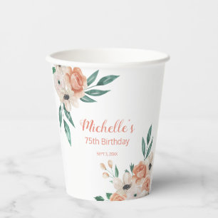 Gobelets En Papier Jolie Crème de Pêche Floral 75e Anniversaire