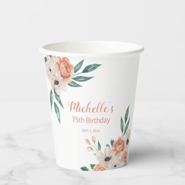 Gobelets En Papier Jolie Crème Peach Floral 75e anniversaire (Recto)