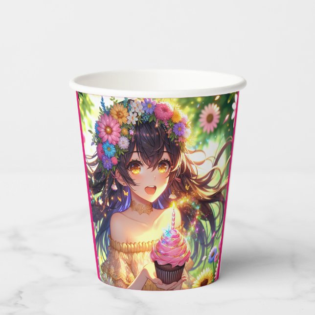 Gobelets En Papier Jolie fille Anime avec Cupcake Anniversaire (Verso)