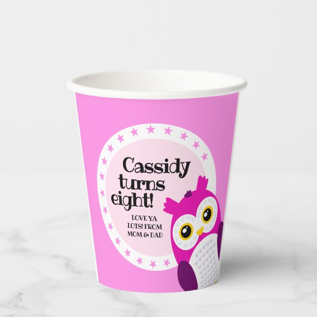 Gobelets En Papier Jolie fille d'anniversaire Pink Owl (Recto)