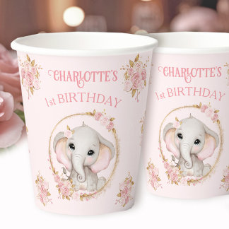 Gobelets En Papier Jolie fille éléphante rose Roses floraux 1er anniv