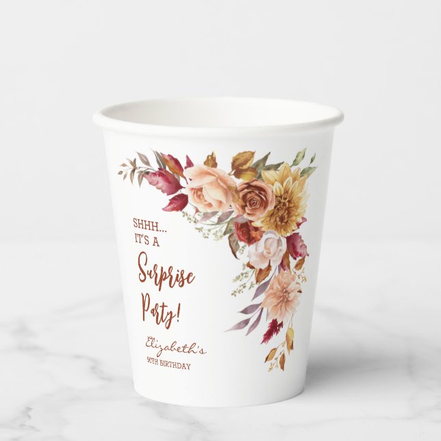 Gobelets En Papier Jolie Terracotta Automne Floral Surprise Anniversa (Recto)