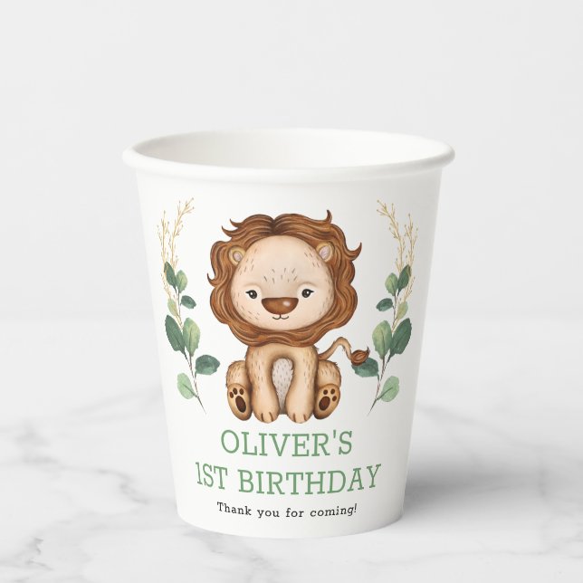 Gobelets En Papier Jolie verdure Lion Wild Un 1er anniversaire fête (Recto)
