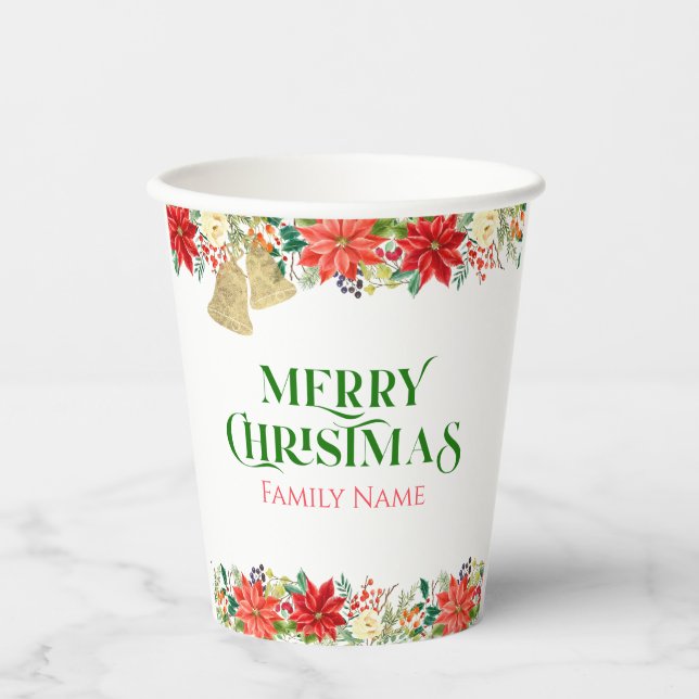 Gobelets En Papier Joyeuse typographie de Noël & poinsettia (Recto)