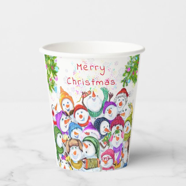 Gobelets En Papier Joyeuses tasses de papier de Noël Snowmans (Recto)