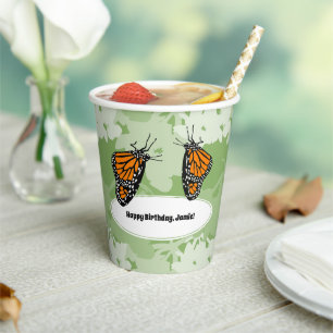 Gobelets En Papier Joyeuses tasses de papier vert à papillon Monarque