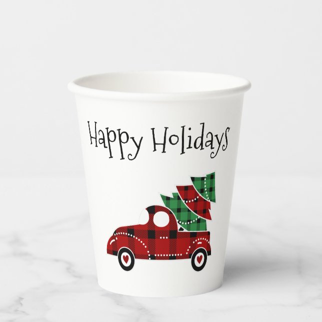 Gobelets En Papier Joyeuses vacances Antique Camion Rouge Noël (Recto)