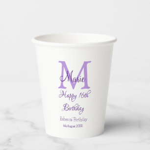 Gobelets En Papier Joyeux 16e anniversaire violet ajouter nom monogra