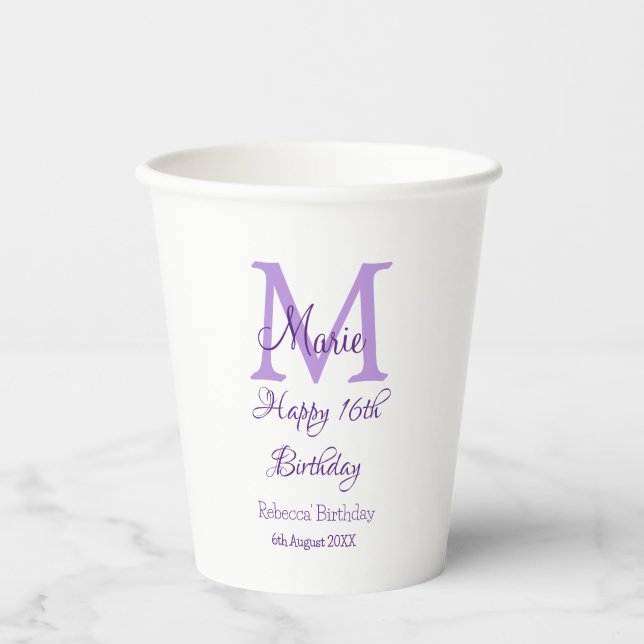 Gobelets En Papier Joyeux 16e anniversaire violet ajouter nom monogra (Recto)