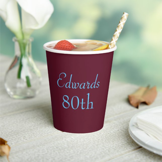 Gobelets En Papier Joyeux 80e anniversaire Maroon et bleu (Insitu)