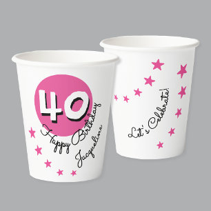 Gobelets En Papier Joyeux Anniversaire 40ème Pink Nom personnalisé