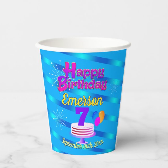 Gobelets En Papier Joyeux anniversaire avec des rayures dégradées sur (Recto)