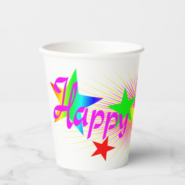 Gobelets En Papier Joyeux anniversaire et étoiles - (Recto)