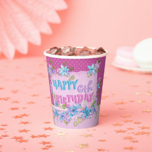 Gobelets En Papier Joyeux anniversaire Floral rose violet Pois