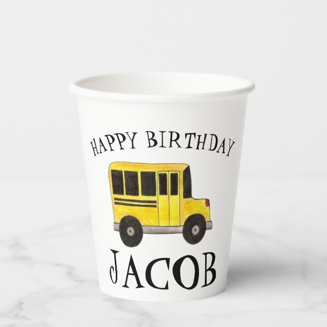 Gobelets En Papier Joyeux Anniversaire Jaune École Bus Enseignant Édu (Recto)