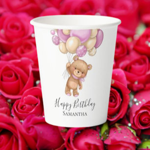 Gobelets En Papier Joyeux Anniversaire Teddy Ours rose Ballons Girl
