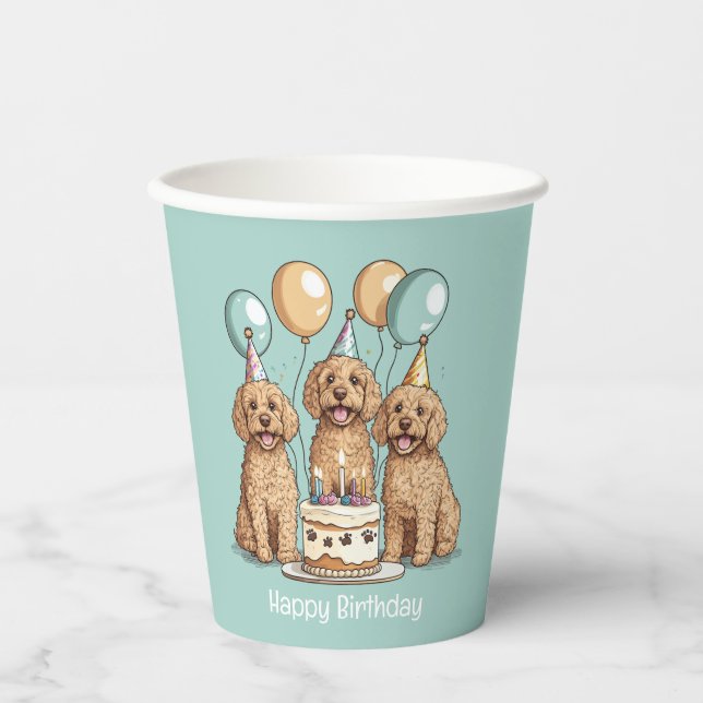 Gobelets En Papier Joyeux Chiens Goldendoodle Anniversaire (Recto)