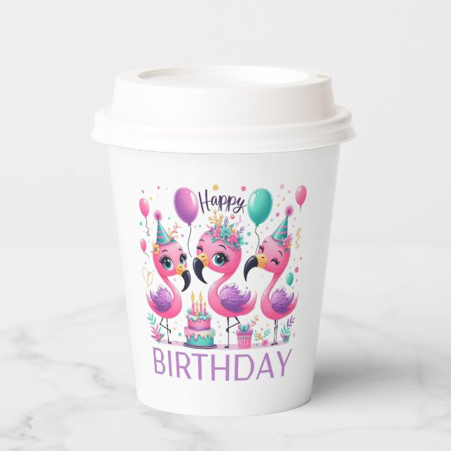 Gobelets En Papier Joyeux Flamants roses d'anniversaire tasses de pap (Recto)