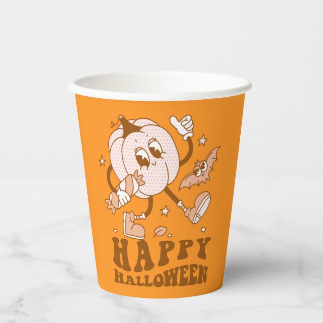 Gobelets En Papier Joyeux Halloween| Citrouille de points de Polka ré (Recto)