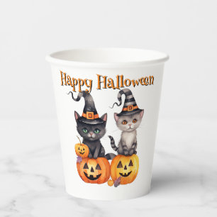 Gobelets En Papier Joyeux Halloween KITTENS & CITROUILLES en blanc