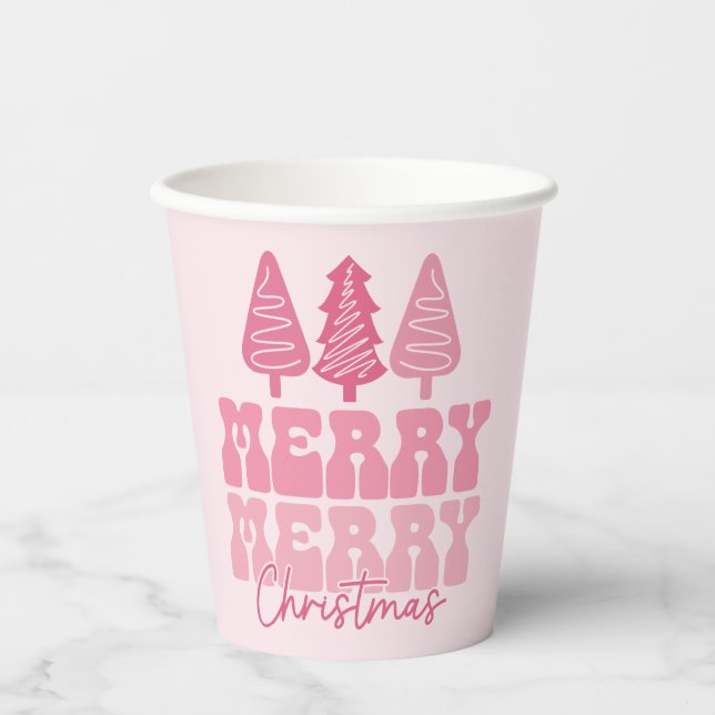 Gobelets En Papier Joyeux Joyeux Noël - Conception des Fêtes Rose (Recto)