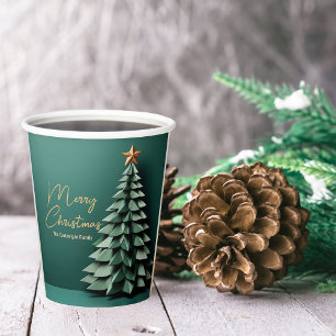 Gobelets En Papier Joyeux Noël Arbre magnifique Green Gold Party