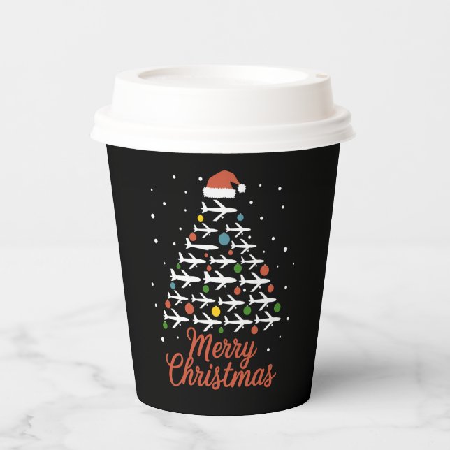 Gobelets En Papier Joyeux Noël Avion Vacances Arbre (Recto)