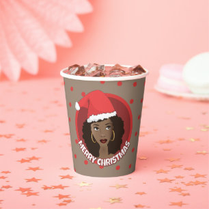 Gobelets En Papier Joyeux Noël, Femme noire Santa Hat