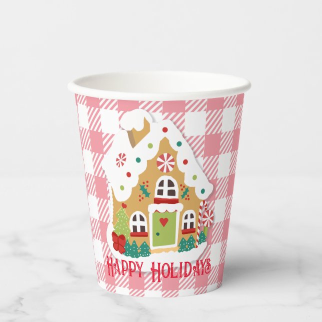 Gobelets En Papier Joyeux Noël Gingpain Maison rose En vichy (Recto)