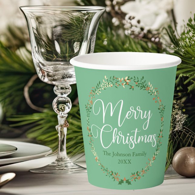 Gobelets En Papier Joyeux Noël Joli Green Wreath fête personnalisée (Créateur téléchargé)
